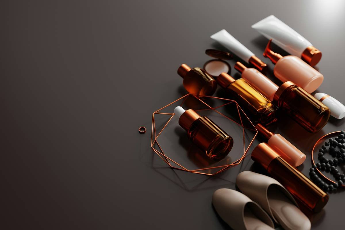 Side-by-side photo: left shows tangled brushes and spilled compacts in a drawer; right shows the same products neatly arranged on a rotating acrylic makeup storage stand with labeled sections