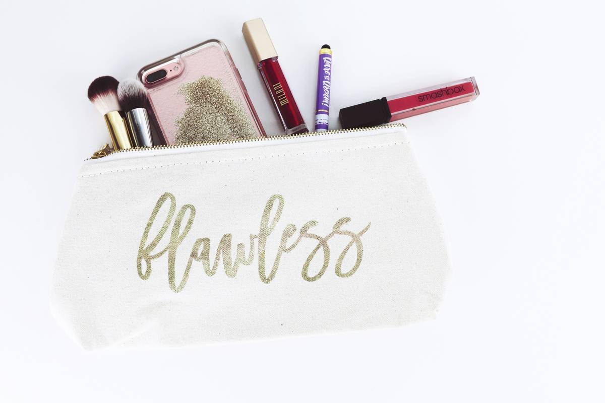 Side-by-side image: left shows messy vanity with spilled products; right shows organized setup using a tiered acrylic makeup stand with labeled sections